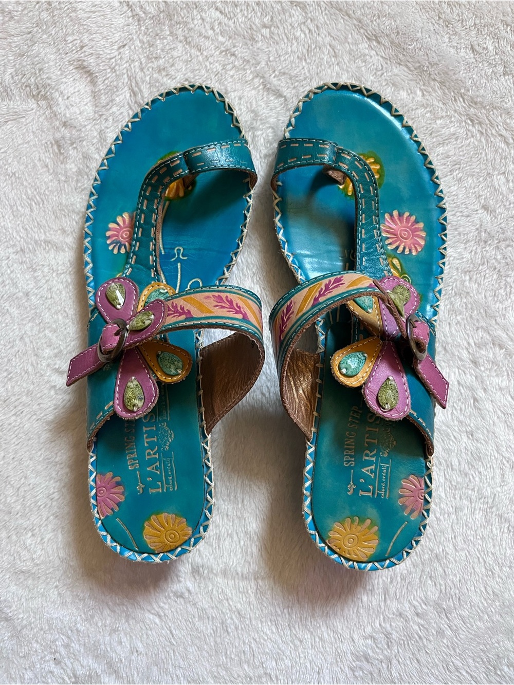 L'ATISTE Teal Floral Leather Sandals with Pink & Yellow Accents